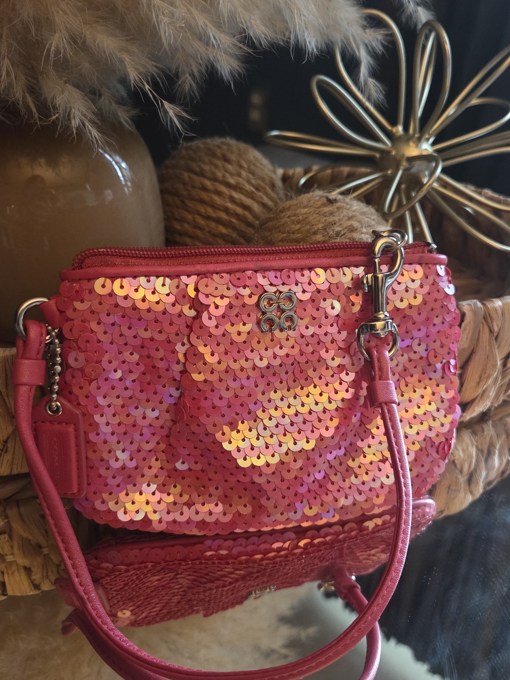 Coach Pink Sequin Wristlet w/ Matching Beaded Mini Bag Charm Bundle - Picture 3 of 17